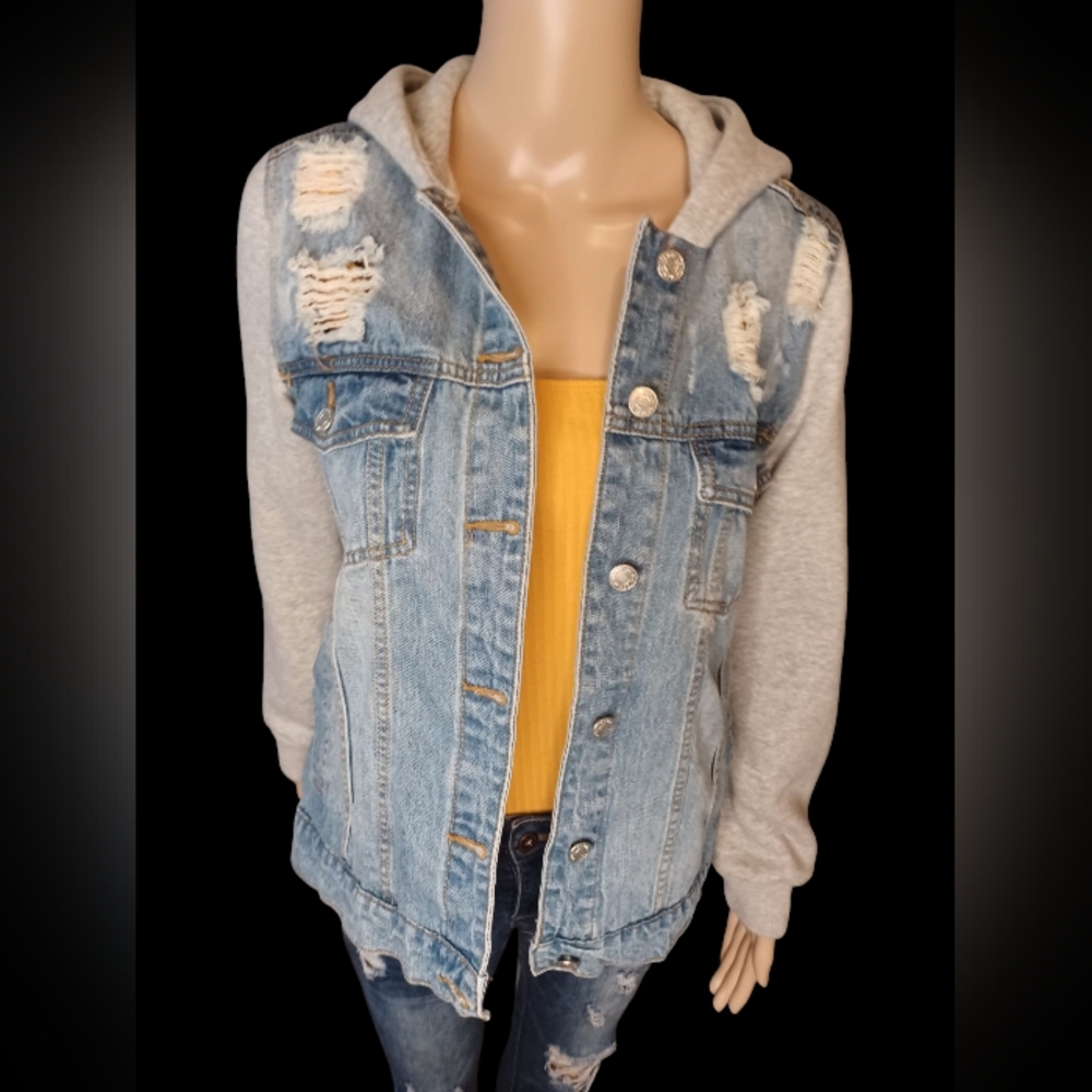 Daytrip M Denim and Gray Hooded Women's Jacket